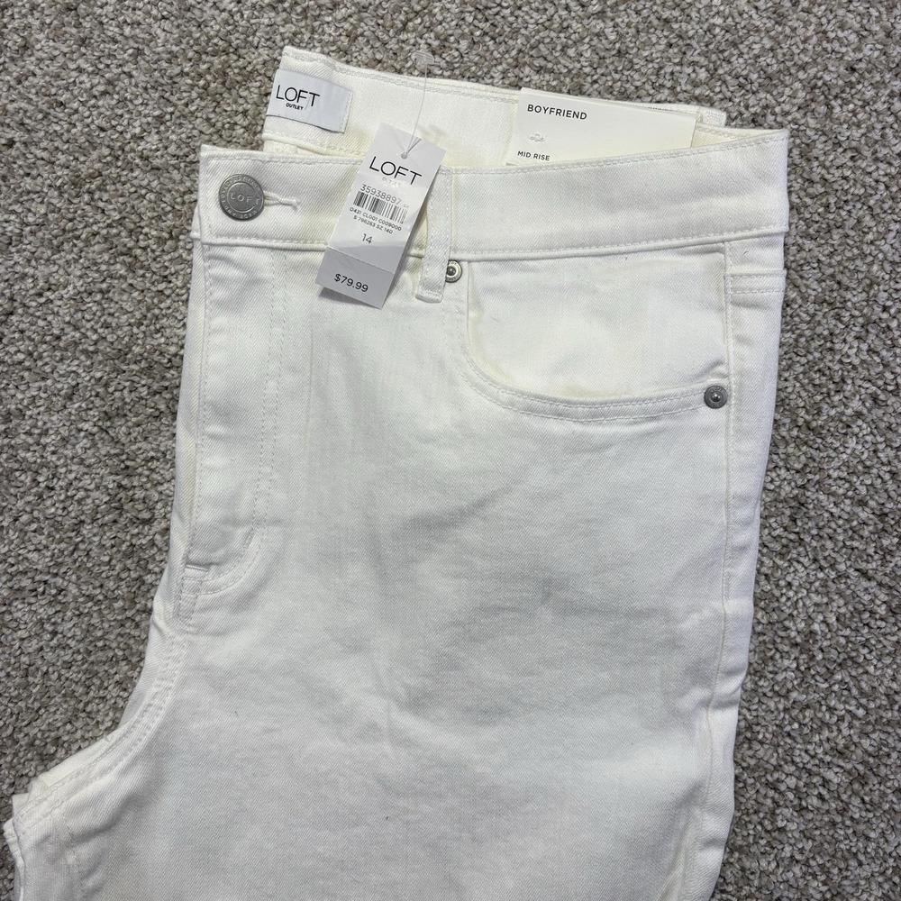 LOFT Boyfriend Jeans Womens 14 White Denim Mid Rise Cuffed Relaxed Fit 36x26.5